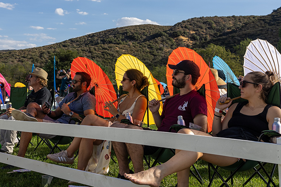 People in the audience with colorful parasols