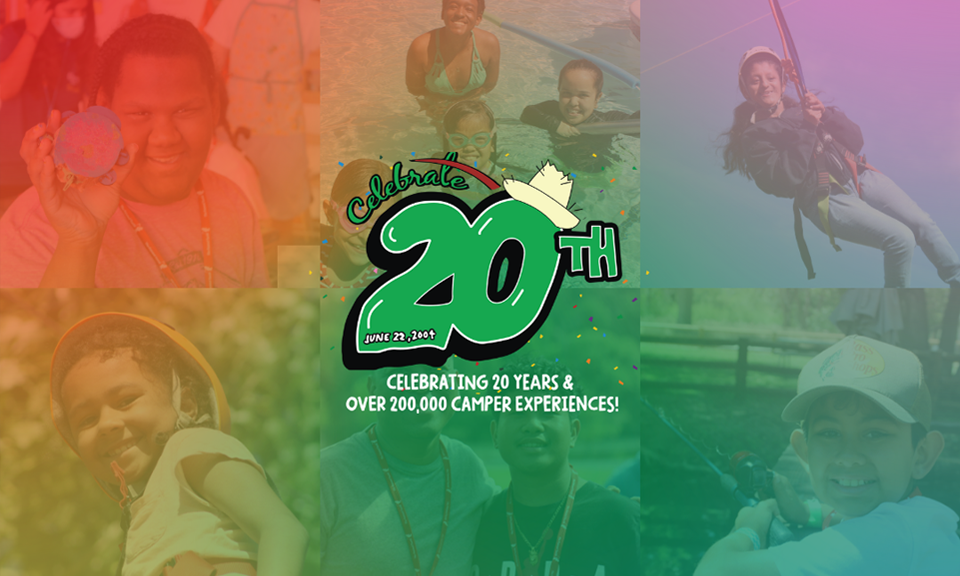 Colorful image of campers with "celebrate 20th" logo in the center