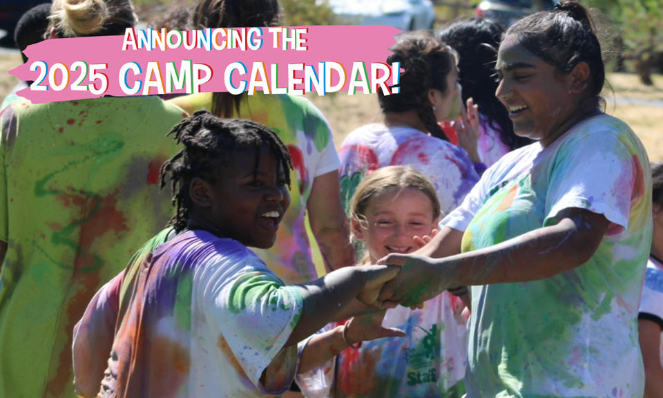 Kids smiling and dancing at camp, graphic says "Announcing the 2025 Camp Calendar!"