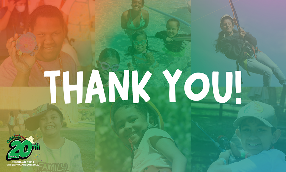 A colorful grid of six images with kids smiling at Camp with the text "Thank You!" in the center