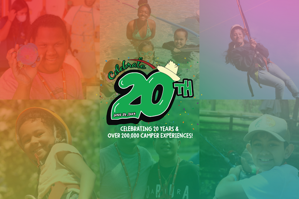 Colorful image of campers with "celebrate 20th" logo in the center